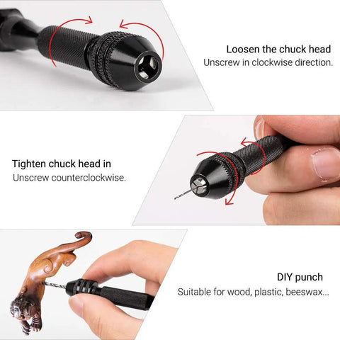 Pin vise hand drill showing chuck adjustments and usage for precise drilling, part of Hand Drill And Pin Vise Bits Set With 36 Pcs Mini Twist And PCB Drills For Jewelry Making Model Building Resin Craft And Woodworking Pro Grade High Speed Steel And Tungsten Carbide Bits For Smooth Precise Drilling In Tight Or Small Spaces.
