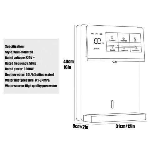 Diagram of Wall Mounted Instant Heat Office Water Cooler With Touch Screen displaying specifications and measurements in gray.