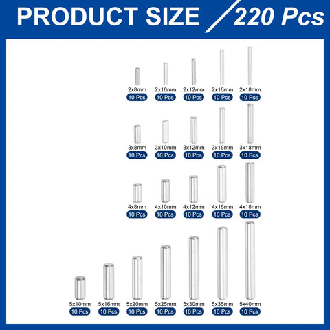 360 Piece Dowel Pins Set 22 Sizes Stainless Steel 304 Assortment Kit For Shelves And Furniture Fasteners Pro Grade Built To Last Easy Install Corrosion Resistant Hardware Essentials size chart, 220 pcs