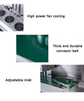 Continuous Induction Bottle Cap Sealer Machine 220V detail showing fan cooling, conveyor belt, and adjustable inlet for 20-80mm caps.