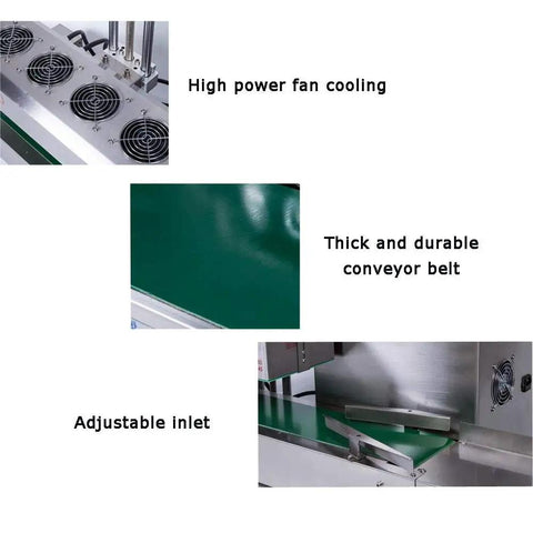 Continuous Induction Bottle Cap Sealer Machine 220V detail showing fan cooling, conveyor belt, and adjustable inlet for 20-80mm caps.
