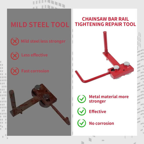 Comparison of rusty mild steel tool and Pro Grade Red Heavy Duty Chainsaw Bar Rail Closer Tool, demonstrating effectiveness and durability.