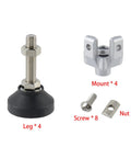 Kickass Heavy Duty Adjustable Leg Mounts For 3030 T Slot Aluminum Extrusions with rubber feet, metal components and fasteners.