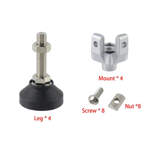 Kickass Heavy Duty Adjustable Leg Mounts For 3030 T Slot Aluminum Extrusions with rubber feet, metal components and fasteners.