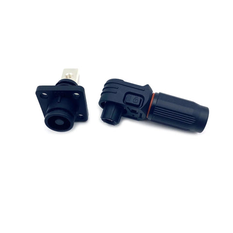 Beefy 400A Battery Power Connector Rock Solid High Current Plug Socket IP67 Waterproof Right Angle Quick Disconnect Terminal for 150Mm2 Cables with black housing.