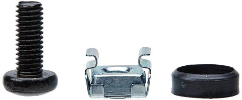 Heavy Duty M6 Cage Nut And Screw Assortment Including Plastic Washers For Server Rack And Networking Cabinet Installation showing a black screw, cage nut, and plastic washer.