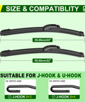 Premium All Season Windshield Wiper Blades 22x22 Inches direct hook beam showing size and compatibility for J-hook and U-hook.