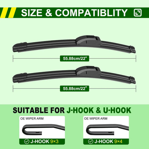 Premium All Season Windshield Wiper Blades 22x22 Inches direct hook beam showing size and compatibility for J-hook and U-hook.