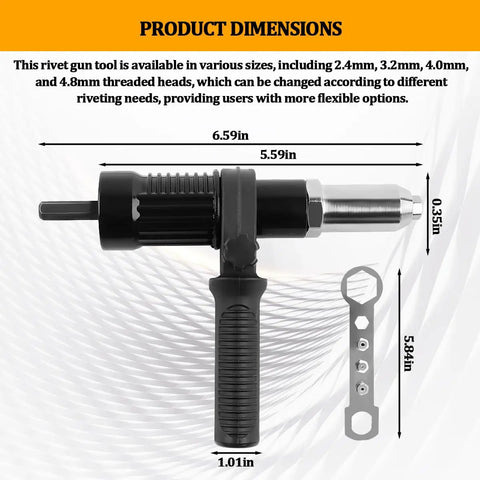 Dimensions of Electric Rivet Gun Adapter Kit For Drills With 4 Riveting Heads DIY Friendly Cordless Auto Riveter Attachment