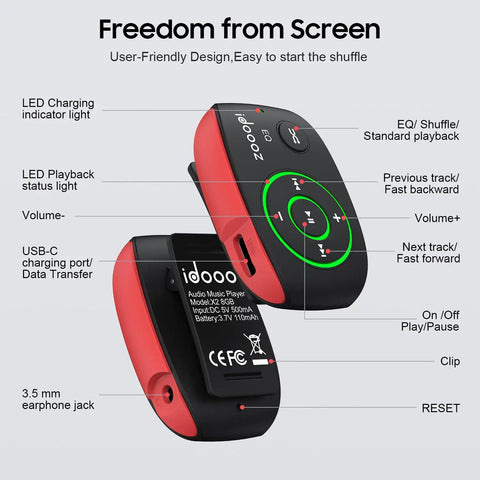 Clip-On MP3 Player With LED Light, showing controls and ports; Secure Clip Design for sports and outdoor workouts.