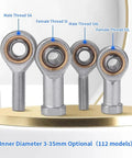 2PC Rugged Male Thread Rod End Bearings SAL14T/K M14x1.5 showcasing various threaded joint styles and sizes on a display.