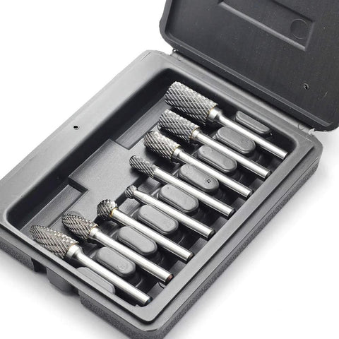 YUFUTOL 8-piece carbide burr set with 1/4 in shanks in a case; double-cut burrs for metal and wood carving