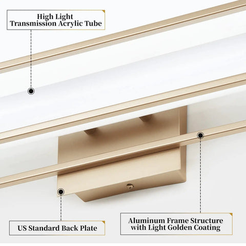 Close-up of champagne gold LED mirror fixture showing aluminum frame and acrylic tube, part of 6000K Dimmable Vanity Light Bar For Bathroom
