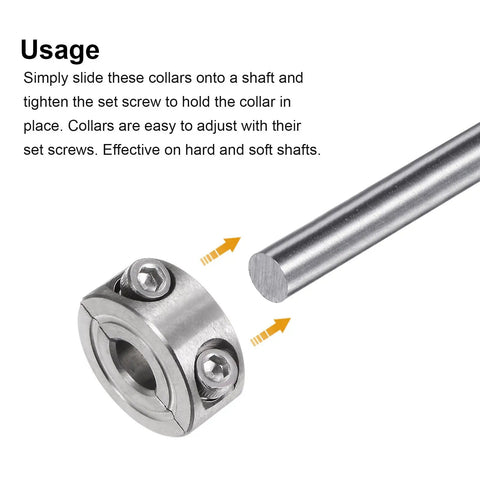 Two Piece Clamp On Shaft Collar For One Quarter Inch Shaft, Eleven Sixteenth Inch Outside Diameter, Five Sixteenth Inch Width, 304 Stainless Steel Axle Collar Clamp, Set Screw Style, Holds Tight, Durable Anti Corrosion Positioner Stop Spacer, on 1/4 inch shaft