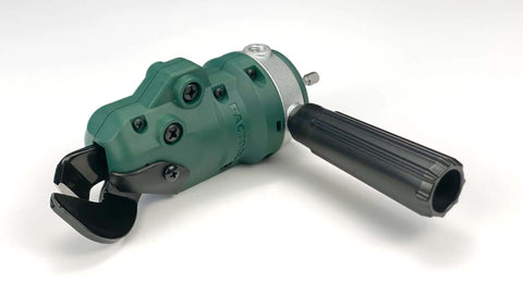 Side view of Snapper Shear Drill Attachment for sheet metal cutting, cuts up to 18 gauge galvanized steel, aluminum, and copper.