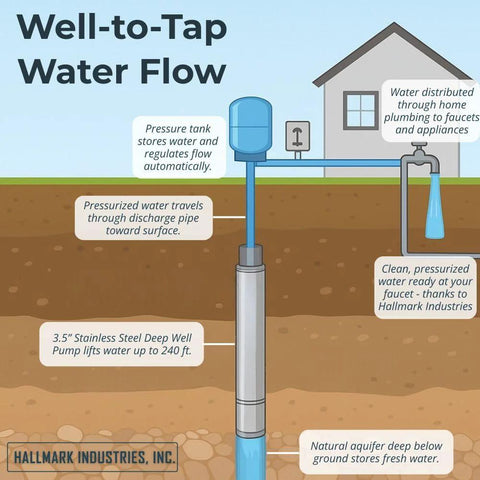 Deep-well submersible pump by Hallmark Industries, 3.5-inch stainless steel, lifts water to a home.