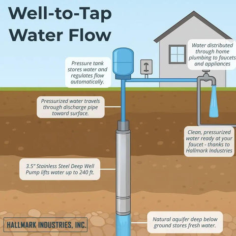 Diagram of well-to-tap water flow with stainless steel deep well pump for homes, farms, and off-grid supply.