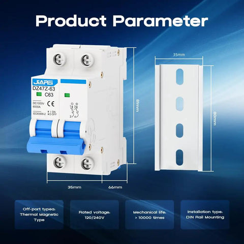 Rock Solid Miniature Circuit Breaker 1000V 2 Pole 63 Amp Isolator for Solar PV Systems with DIN Rail Mount