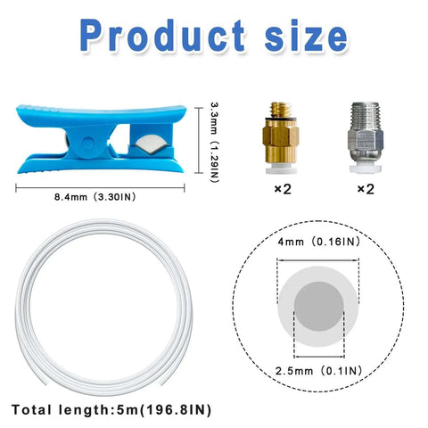 16.4Ft PTFE Teflon Tube Kit 2.5mm ID X 4mm OD For 1.75mm Filament Direct Drive 3D Printers showing tubing, connectors, cutter