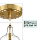 Lit Brushed Gold Pendant Light With Clear Glass Shade, Adjustable 59 Inch Cord shown in brushed brass gold finish