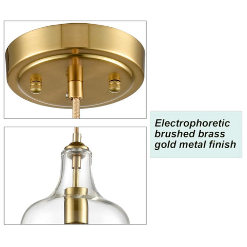 Lit Brushed Gold Pendant Light With Clear Glass Shade, Adjustable 59 Inch Cord shown in brushed brass gold finish