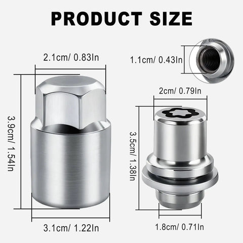 Heavy Duty M12x1.5 Wheel Lock Nuts Key Set For Toyota Rides Chrome Steel showing product dimensions for accurate fit and installation.