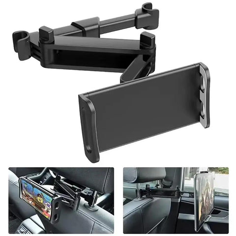 Heavy Duty Car Headrest Tablet Mount For Tesla Cybertruck Featuring Adjustable Steel Bracket holding a tablet on car seat.