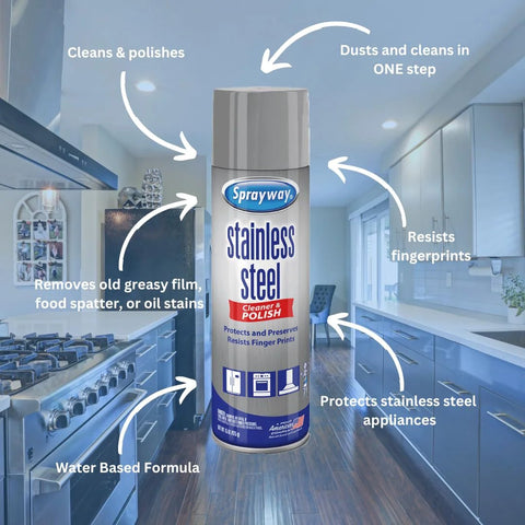 Sprayway stainless steel cleaner, 15 oz aerosol can; water-based formula for cleaning stainless appliances.