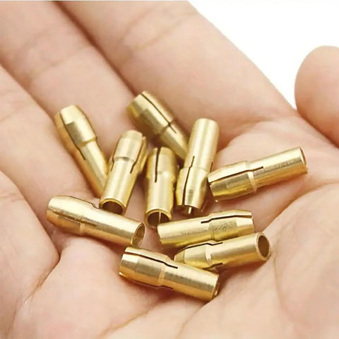 Versatile 10 Piece Drill Chuck Adapter Kit For Rotary Tools With Precision Collet Set 0.5-3.2mm brass pieces in hand