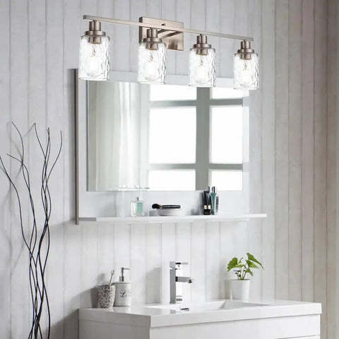 4 Light Brushed Nickel Wall Light Fixtures With Clear Hammered Glass Shade For Bathroom Vanity And Powder Room displayed over mirror