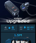 Six Port Car Charger With PD And QC Fast Charging, Cigarette Lighter USB Hub, 12V Travel Adapter With 5Ft Cable, Road Trip Must Have