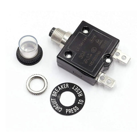 Push Button Thermal Circuit Breaker 15A For 125 250VAC With Manual Reset Waterproof Button Cap L1 Series Overload Protector For Panels And DIY Projects Pro Grade Electrical Safety, black with cap and ring