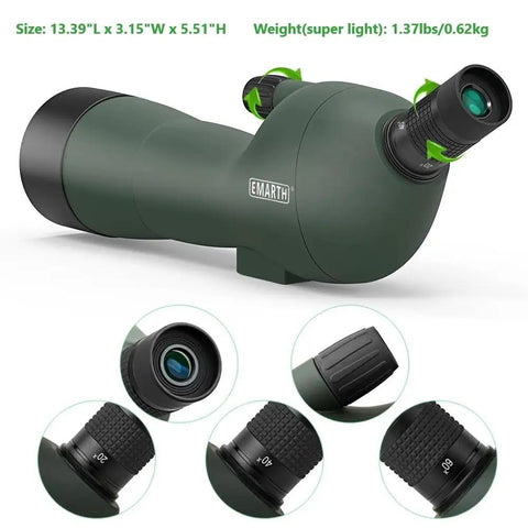Go To 20 To 60x60 Zoom Angled Spotting Scope With BAK4 Optics Waterproof For Hunting And Birdwatching Includes 14 Inch Tabletop Tripod And Carry Bag Lightweight 1.37 Lb Ideal For Target Shooting And Wildlife Viewing, angled eyepiece and focus ring