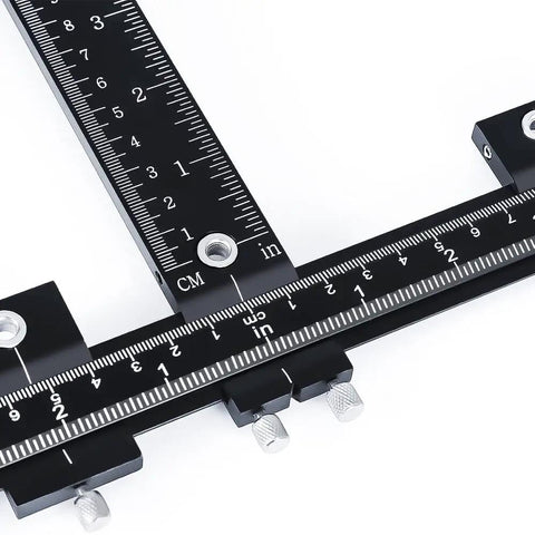 Close-up of All Aluminum Cabinet Hardware Jig For Precise Drilling And Alignment with measurement scales and drill guide sleeves.
