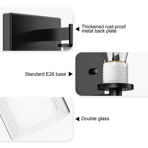 Close-up of Modern Matte Black Wall Sconces Set Of Two Double Clear Glass Vanity Lights, showing metal back and E26 base.