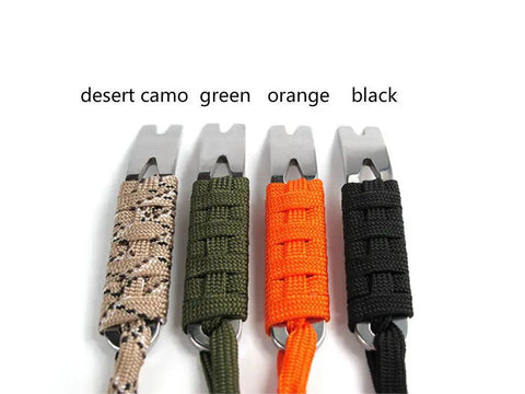 Four Everyday Carry Mini Pry Bar Set With Paracord System in desert camo, green, orange, and black. Stainless steel, 76mm, compact EDC tools.