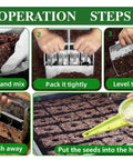Step-by-step usage of Pro Grade Handheld Soil Blocker Kit With 4 Cell 2 Inch Block Maker For Seedlings And Cuttings Durable Galvanized Steel Construction Ergonomic Handle Great For Greenhouses And Gardens