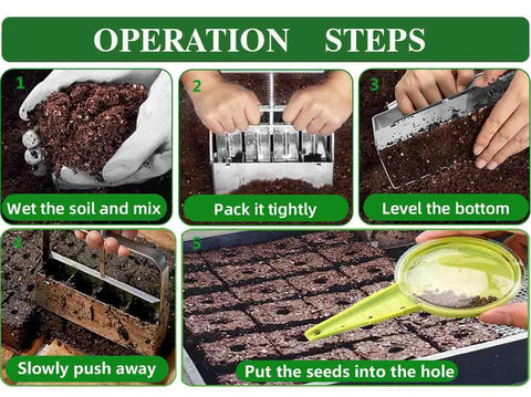 Step-by-step usage of Pro Grade Handheld Soil Blocker Kit With 4 Cell 2 Inch Block Maker For Seedlings And Cuttings Durable Galvanized Steel Construction Ergonomic Handle Great For Greenhouses And Gardens