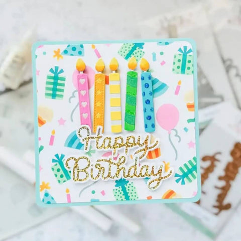 Birthday card with colorful candle design and 'Happy Birthday' text using Happy Birthday Balloons Metal Die-Cuts For Scrapbookers.