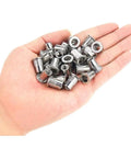 Top Grade Stainless Steel 10 Pack Flat Head Threaded Insert Rivets Nuts in hand, silver plated, for DIY metal projects.