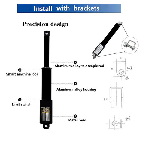 URANT mini 12V linear actuator with black aluminum alloy housing and telescopic rod; includes limit switch and bracket