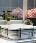 Premium Ceramic Vessel Sink, Snazzy Square Countertop Basin with plaid design, above counter wash basin in stylish bathroom.