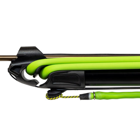 Close-up of Explorer 75cm Performance Speargun For Serious Spearfishing And Freediving With Aluminum Barrel Stainless Steel Shaft.