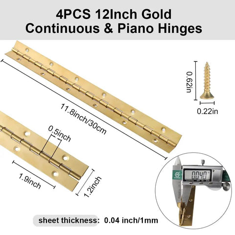 Four Pack 12 Inch Gold Stainless Steel Piano Hinges Built Like A Tank And Hella Sturdy Heavy Duty measuring 0.04 inch thick.
