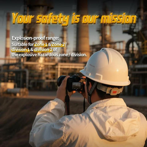 Back view of a camera operator in a white hard hat and jacket, holding a DORLAND EX Camera 03 at an industrial site.
