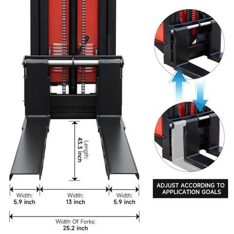 Fworkleft Semi Electric Pallet Stacker With 3300 Lb Capacity And Lithium Battery Powered Walkie Design featuring adjustable fork measurements.