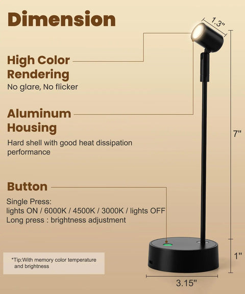 Lit Wireless Battery Operated Picture Light With 3 Color LED, dimmable, aluminum housing, dimensions shown, remote control