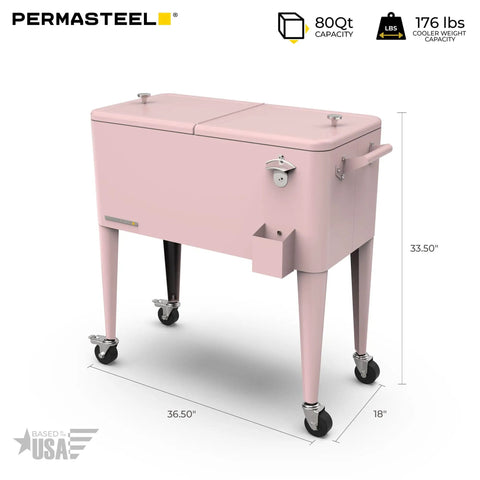 80 Quart Classic Retro Outdoor Patio Cooler On Wheels With Handles Pink Perfect For Parties Keeps Drinks Cold All Summer Long