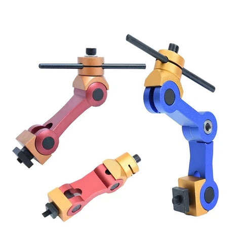Adjustable Cnc Mill Workpiece Stop Positioner Locator Tool Precision Machining Jig in red and blue with flexible joints.
