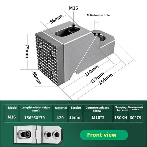 Front view of M8-M16 Side Fixture Clamp for Fixed Precision Workholding, showing dimensions and technical details; metal clamp with drill holes
